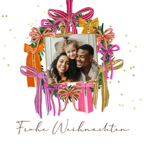 Fröhliche Foto-Weihnachtskarte Kranz mit Schleifen