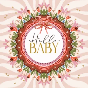 Geburt Glückwunschkarte rosa Blumenkranz Vintage