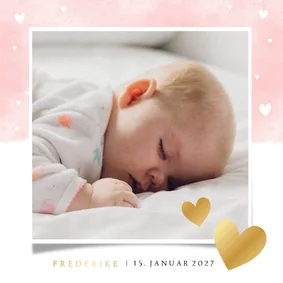 Geburtskarte mit Fotos Auqarelloptik mit Herzen rosa