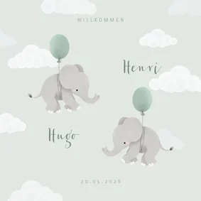 Geburtskarte Zwilling Elefanten, Luftballons & Wolken