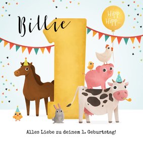 Geburtstagskarte 1. Geburtstag Große 1 und Tiere