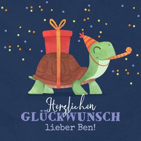 Geburtstagskarte Schildkröte mit Geschenk und Partyhut