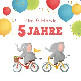 Geburtstagskarte Zwilling Elefanten auf Fahrrad
