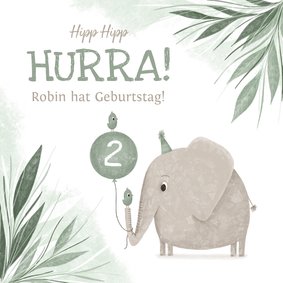 Glückwunschkarte 2. Geburtstag Elefant mit Luftballon 