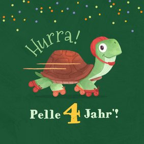 Glückwunschkarte 4. Geburtstag Schildkröte auf Rollschuhen