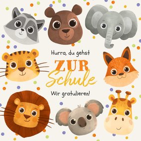 Glückwunschkarte Einschulung niedliche Zootiere