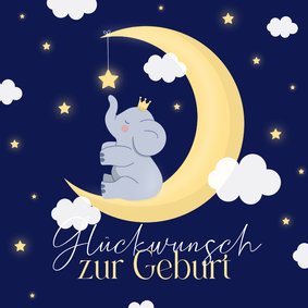 Glückwunschkarte Elefant auf gelbem Mond