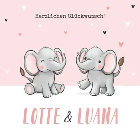 Glückwunschkarte Geburt Zwilling Elefanten rosa