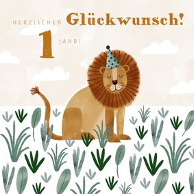 Glückwunschkarte Geburtstag mit Löwe und Pflanzen