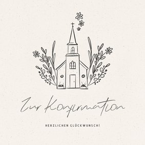 Glückwunschkarte Konfirmation Kirche mit Blumen