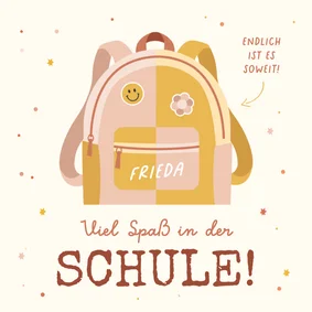 Glückwunschkarte Schulanfang Rucksack rosa-gelb