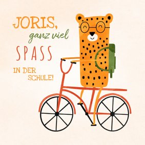 Glückwunschkarte Schulkind Leopard auf Fahrrad