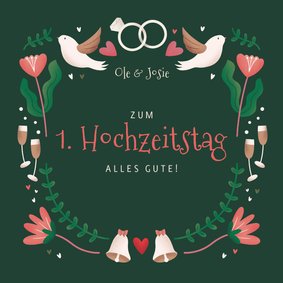 Glückwunschkarte zum 1. Hochzeitstag Blumen & Ringe