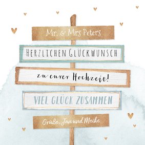 Glückwunschkarte zur Hochzeit Holzschilder und Herzen