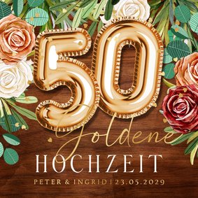Goldene Hochzeit Einladung Rosen & Goldballons