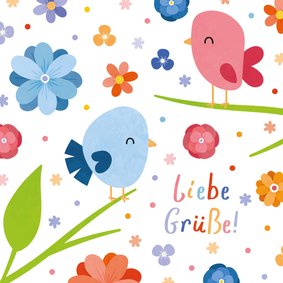 Grußkarte Frühling Blumen und Vögel