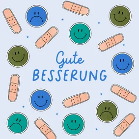 Gute Besserung Karte Pflaster und Smileys Blau