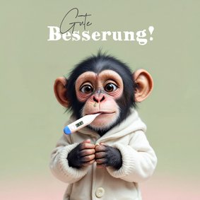 Gute-Besserung-Karte Schimpanse mit Grippe und Thermometer