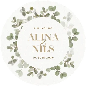 Hochzeitseinladung runde Karte Auqarell Eukalyptuskranz
