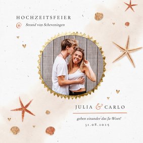 Hochzeitseinladung Strandlook mit eigenem Foto & Seesternen