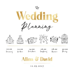 Hochzeitseinladung Timeline Goldschrift
