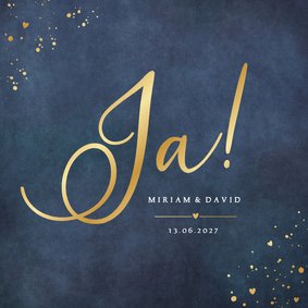 Hochzeitskarte 'Ja!' Blau mit Gold