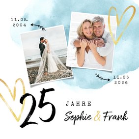 Jubiläumskarte Silberhochzeit Aquarell mit Herzen und Fotos