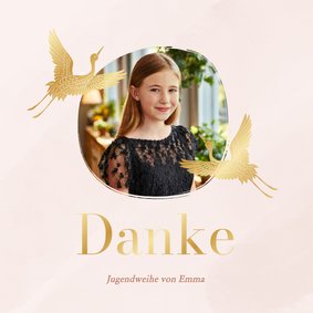 Jugendweihe Dankeskarte rosa Kranich in Gold