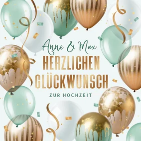 Karte Glückwunsch Hochzeit grüne & goldene Luftballons
