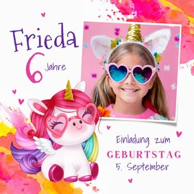 Kindergeburtstag Einladung Foto & buntes Einhorn mit Brille