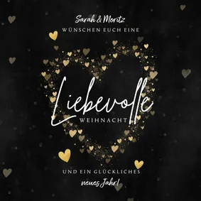 Liebevolle Weihnachtskarte mit goldenen Herzen und Foto