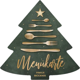 Menükarte Weihnachtsessen Tannenbaumform grün Besteck