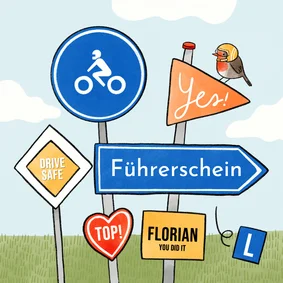 Motorrad-Führerschein Glückwunschkarte Verkehrsschilder