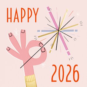 Neujahrsgrußkarte 'Happy 2026' Hand mit Wunderkerze
