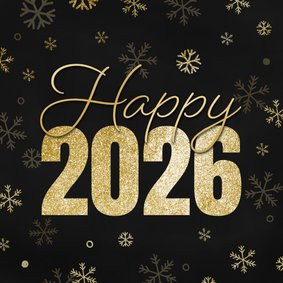 Neujahrskarte 2026 Glitzer goldene Schneeflocken