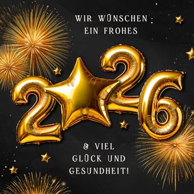 Neujahrskarte 2026 goldene Folienballons mit Stern 