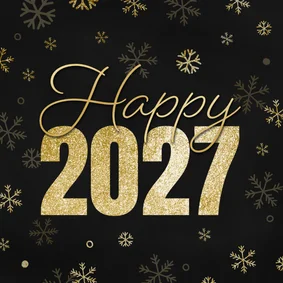 Neujahrskarte 2027 Glitzer goldene Schneeflocken