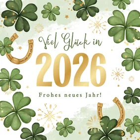 Neujahrskarte Glück 2026 Kleeblätter Hufeisen grün