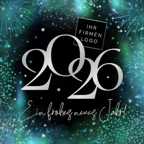 Neujahrskarte Jahreszahl und Feuerwerk in Blaugrün