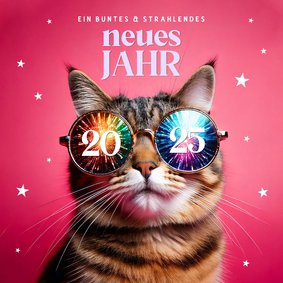 Neujahrskarte Katze mit Feuerwerk-Sonnenbrille