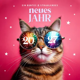 Neujahrskarte Katze mit Feuerwerk-Sonnenbrille