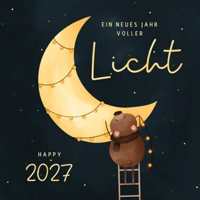 Neujahrskarte Mond mit Lichterkette