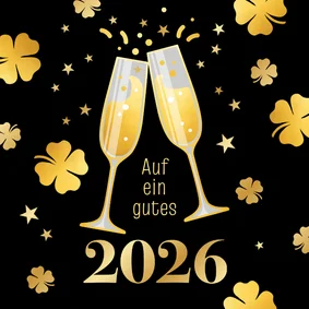 Neujahrskarte Sektgläser & Kleeblätter gold