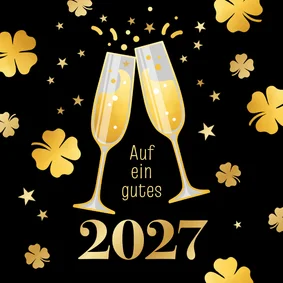 Neujahrskarte Sektgläser & Kleeblätter gold