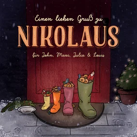 Nikolauskarte 4 Stiefel mit Fußspuren im Schnee