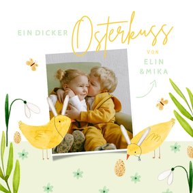 Osterkarte Foto und Küken mit Hasenohren