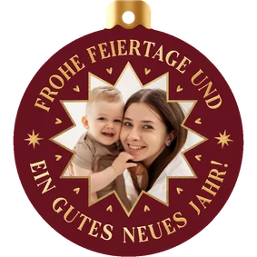 Rote Weihnachtsgrußkarte als Weihnachtskugel mit Foto