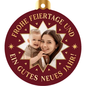 Rote Weihnachtsgrußkarte als Weihnachtskugel mit Foto