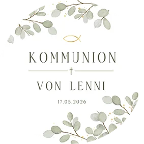 Runde Einladungskarte Kommunion Eukalyptus Ichthys