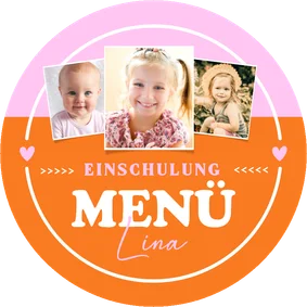 Runde Foto-Menükarte zur Einschulung Colourblocking